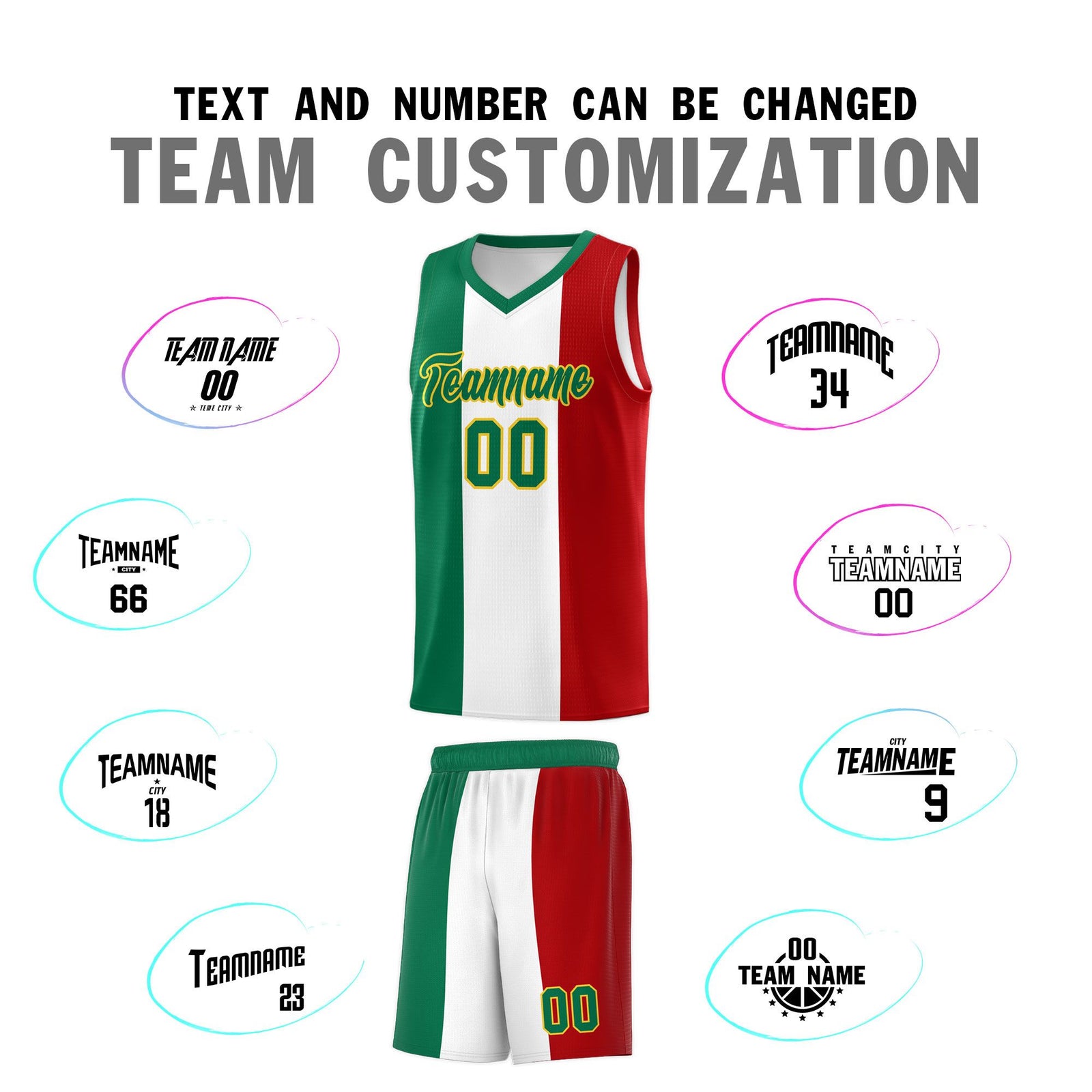Custom White Kelly Green Red Mexican Colors Graffiti Patterns Breathable Uniform Basketball Jersey