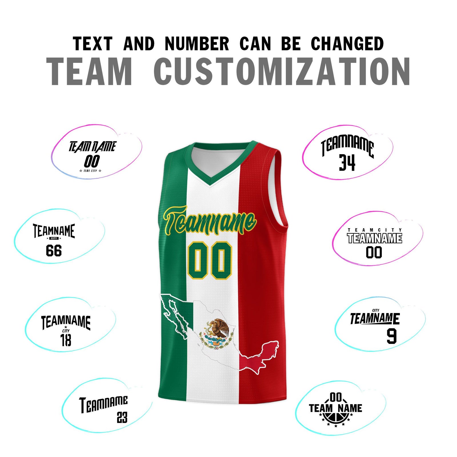 Custom White Kelly Green Red Mexican Colors Graffiti Patterns Quick-Drying Uniform Basketball Jersey