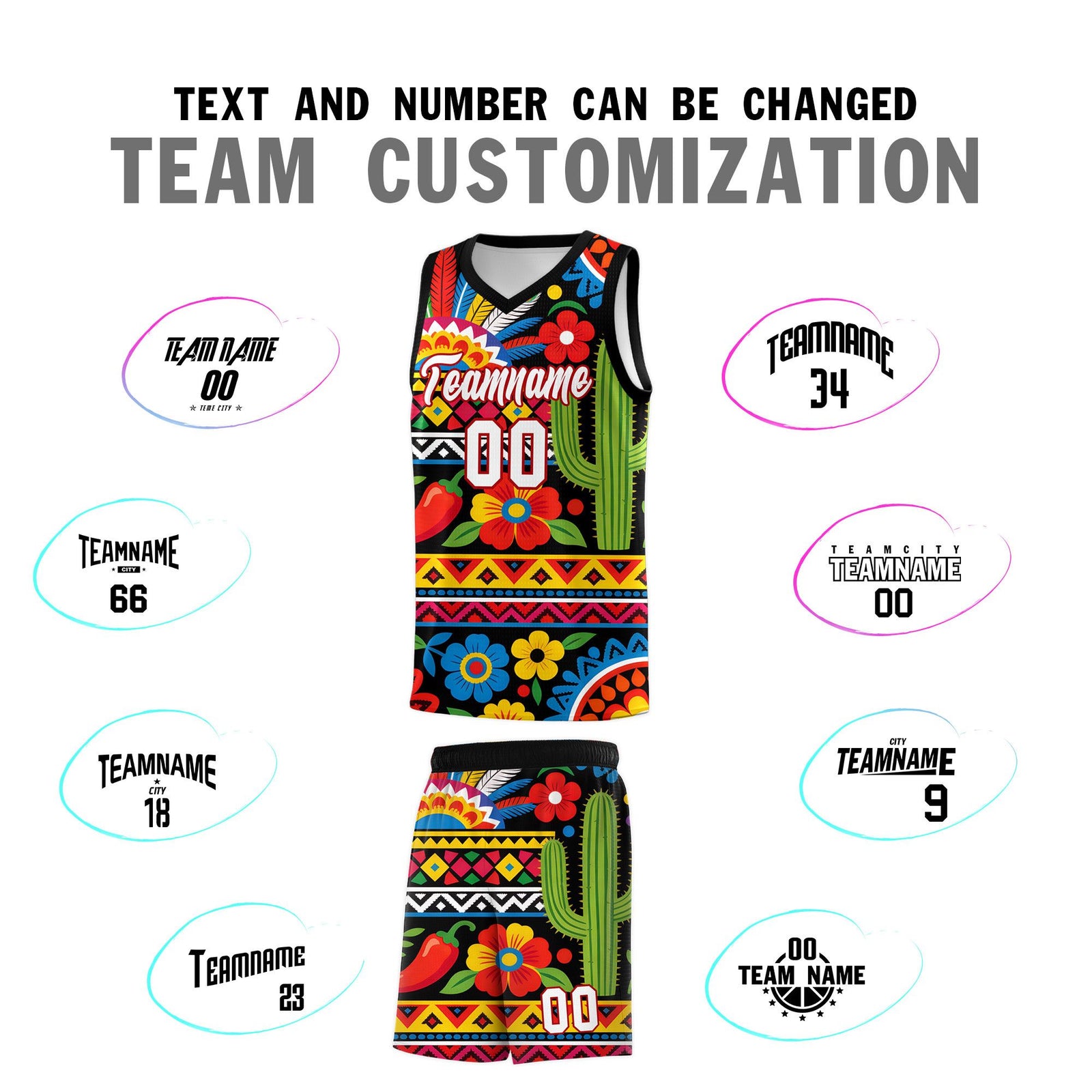 Custom Black Cactus Mexican Colors Graffiti Patterns Wrinkle-Resistant Uniform Basketball Jersey