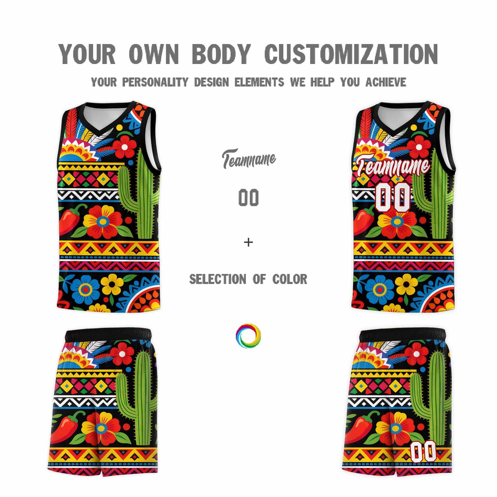 Custom Black Cactus Mexican Colors Graffiti Patterns Wrinkle-Resistant Uniform Basketball Jersey