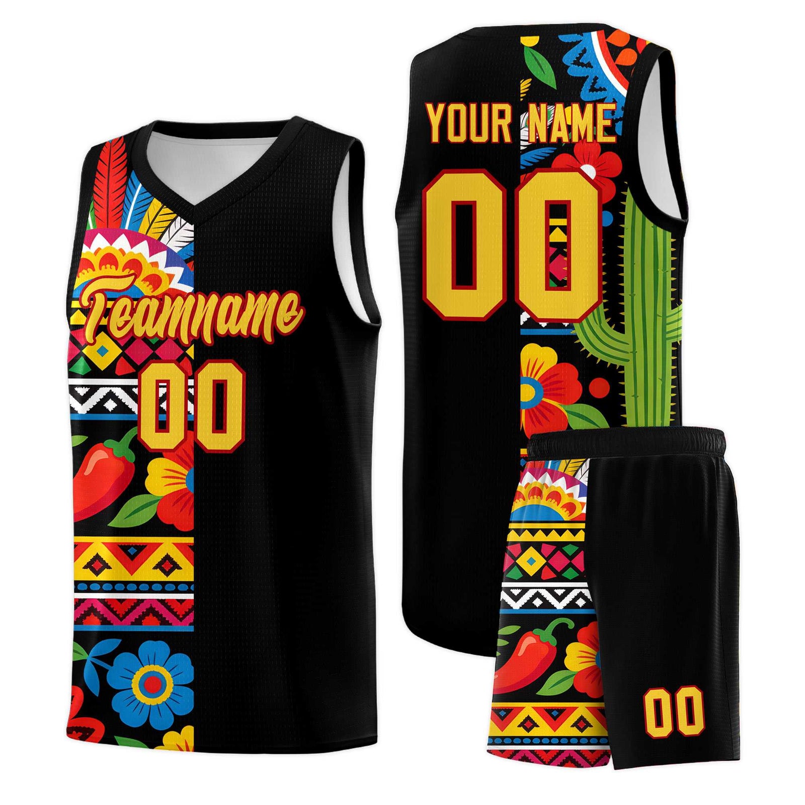 Custom Black Cactus Mexican Colors Graffiti Patterns Drapable Uniform Basketball Jersey