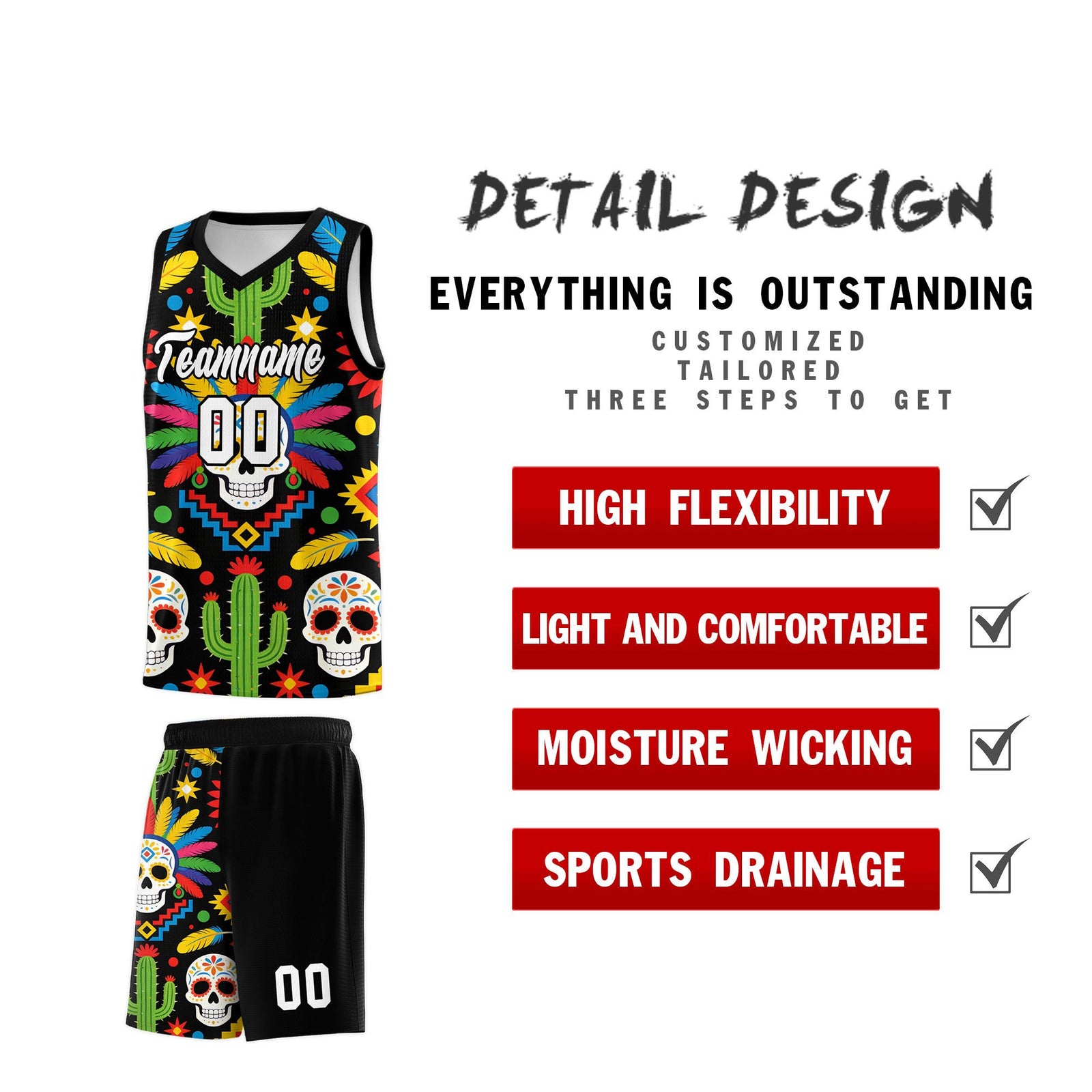 Custom Black Skeleton Mexican Colors Graffiti Patterns Quick-Drying Uniform Basketball Jersey