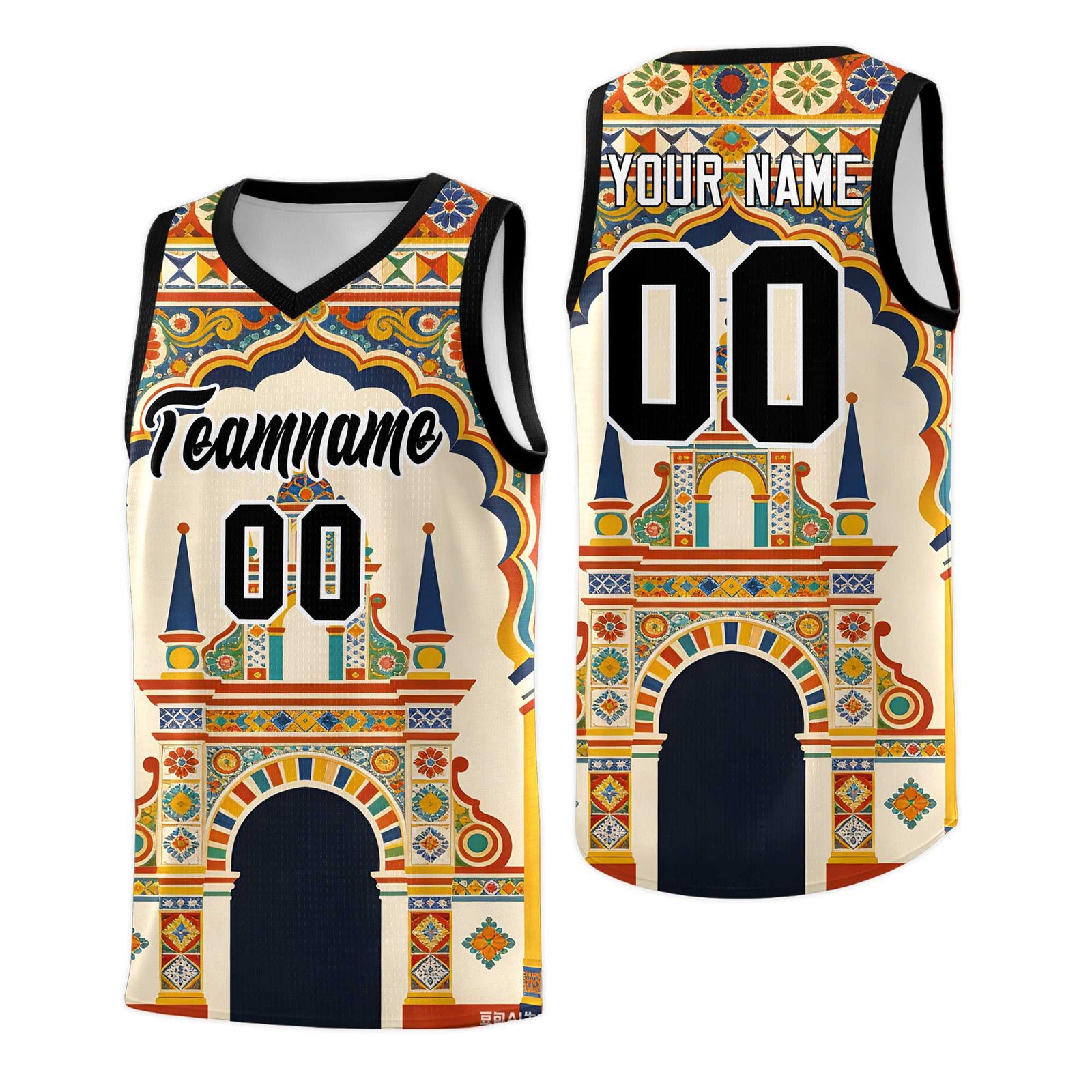 Custom Palace pattern Black Mexican Colors Graffiti Patterns Breathable Uniform Basketball Jersey