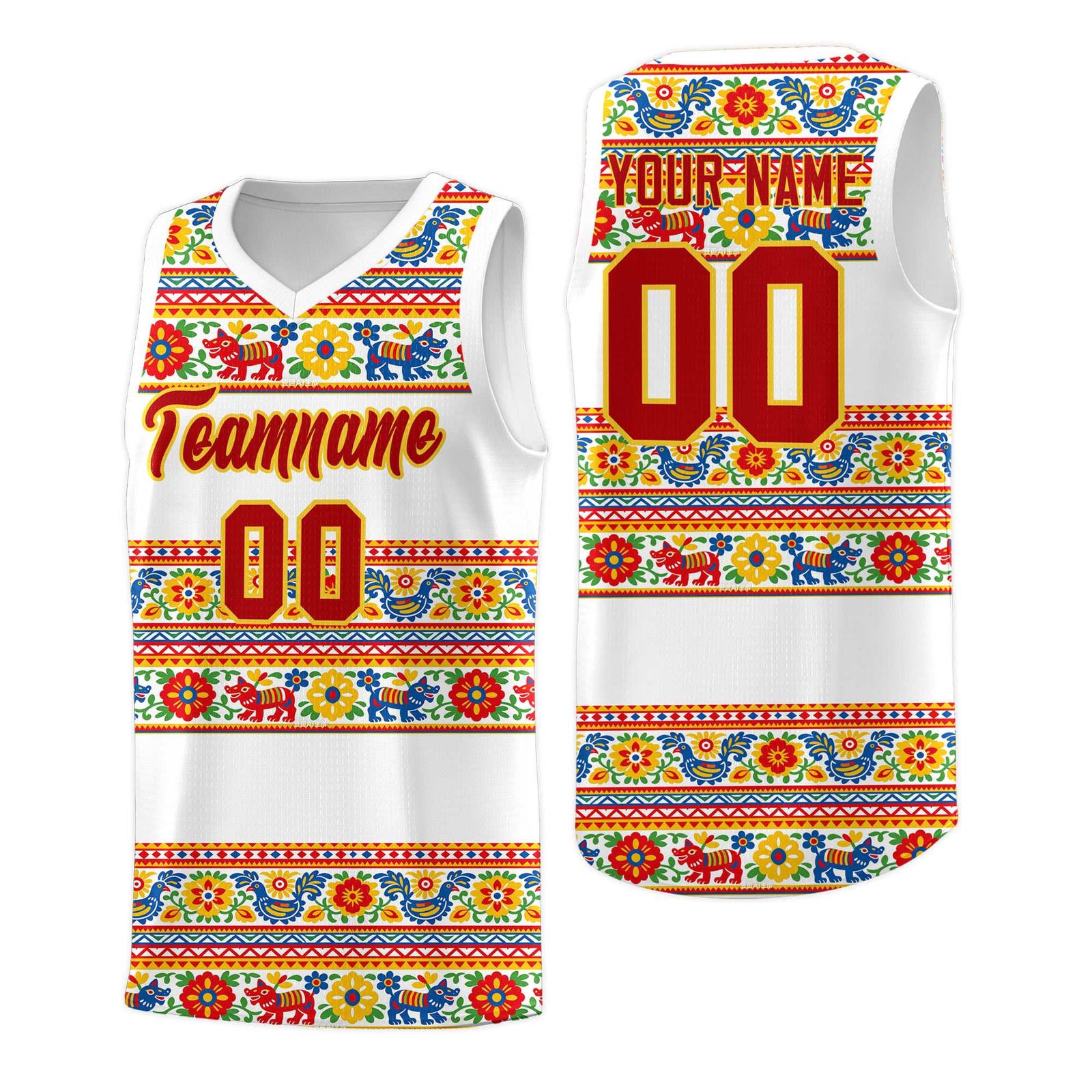 Custom White Colorfulflower pattern Mexican Colors Graffiti Patterns Quick-Drying Uniform Basketball Jersey