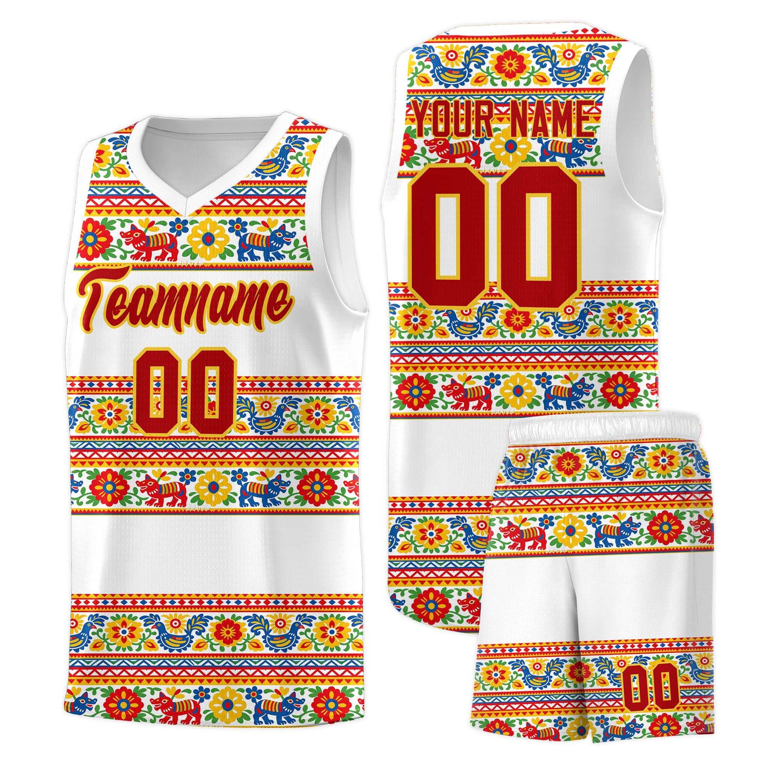 Custom White Colorfulflower pattern Mexican Colors Graffiti Patterns Quick-Drying Uniform Basketball Jersey
