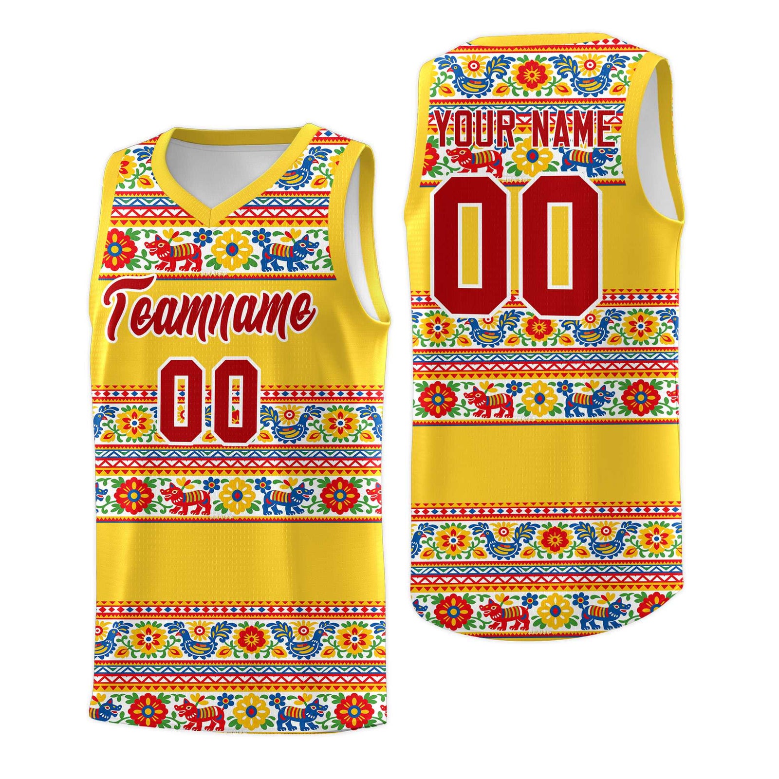 Custom Gold Colorfulflower pattern Mexican Colors Graffiti Patterns Lightweight Uniform Basketball Jersey