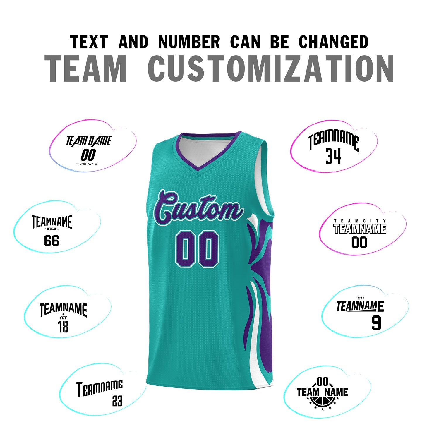 Custom Aqua Purple-White Graffiti Pattern Side Curve Pattern Sports Uniform Basketball Jersey Sets