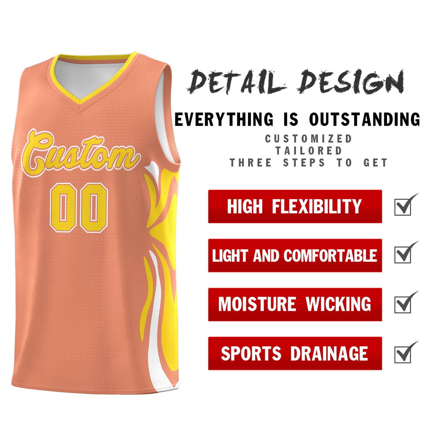 Custom Light Orange Gold-White Graffiti Pattern Side Curve Pattern Sports Uniform Basketball Jersey Sets