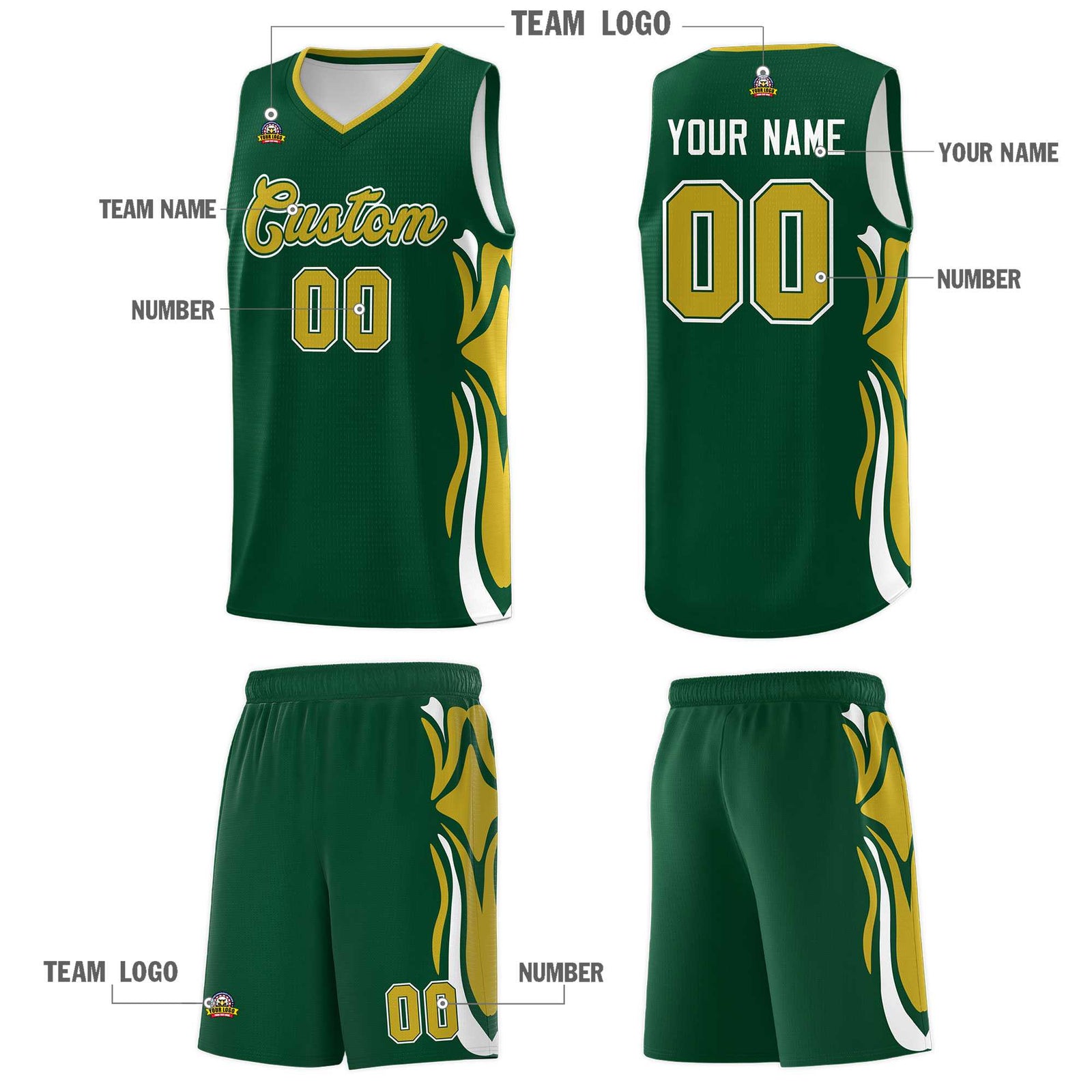 Custom Green Old Gold-White Graffiti Pattern Side Curve Pattern Sports Uniform Basketball Jersey Sets