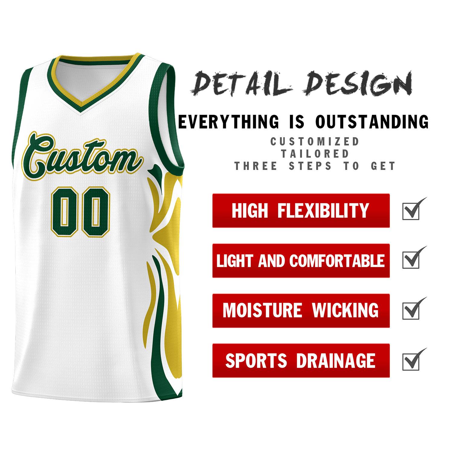 Custom White Green-Old Gold Graffiti Pattern Side Curve Pattern Sports Uniform Basketball Jersey Sets