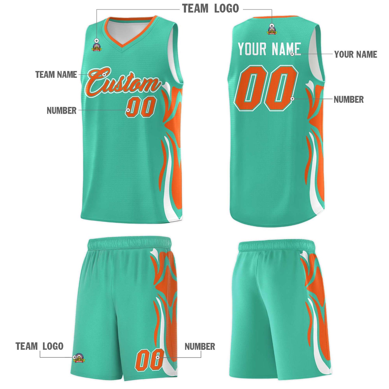 Custom Bright Green Orange-White Graffiti Pattern Side Curve Pattern Sports Uniform Basketball Jersey Sets