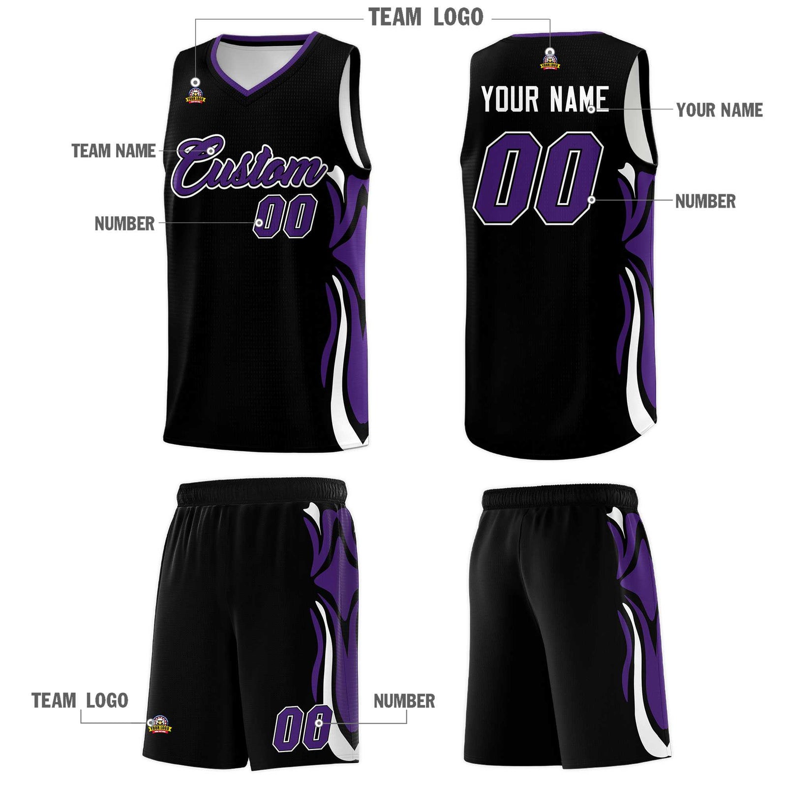 Custom Black Purple-White Graffiti Pattern Side Curve Pattern Sports Uniform Basketball Jersey Sets