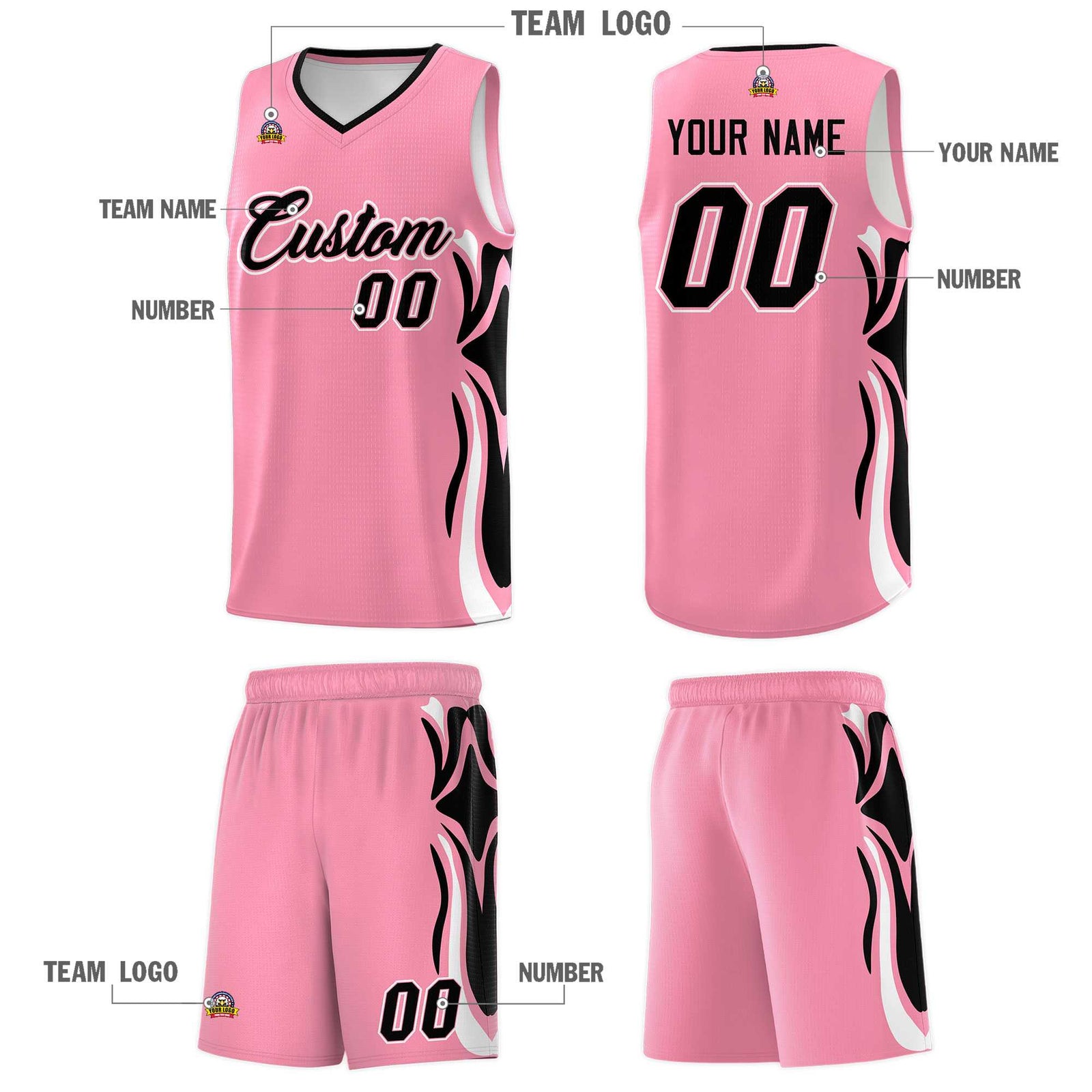 Custom Light Pink Black-White Graffiti Pattern Side Curve Pattern Sports Uniform Basketball Jersey Sets