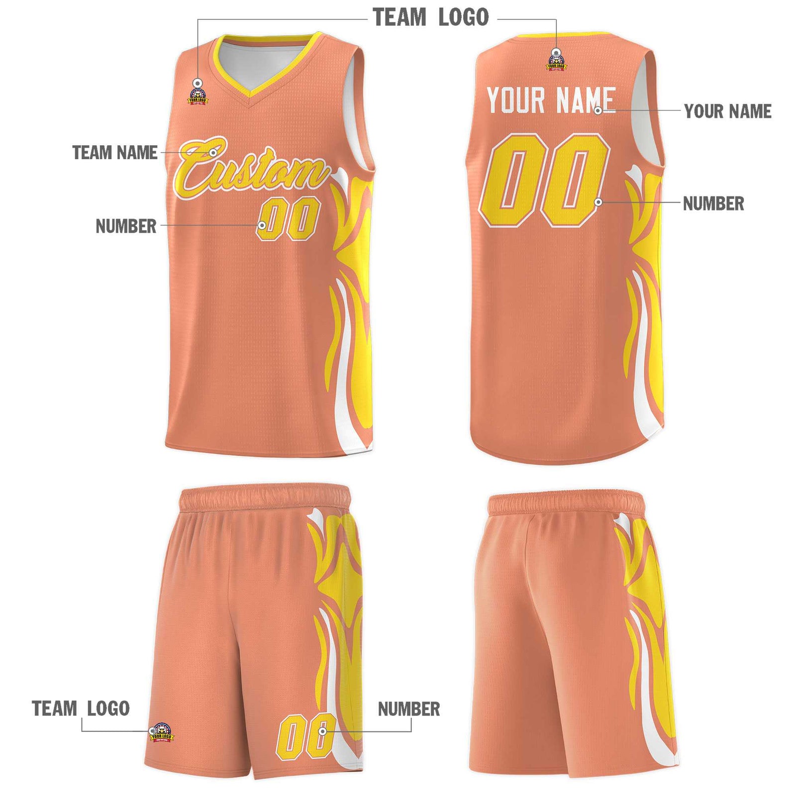Custom Light Orange Gold-White Graffiti Pattern Side Curve Pattern Sports Uniform Basketball Jersey Sets