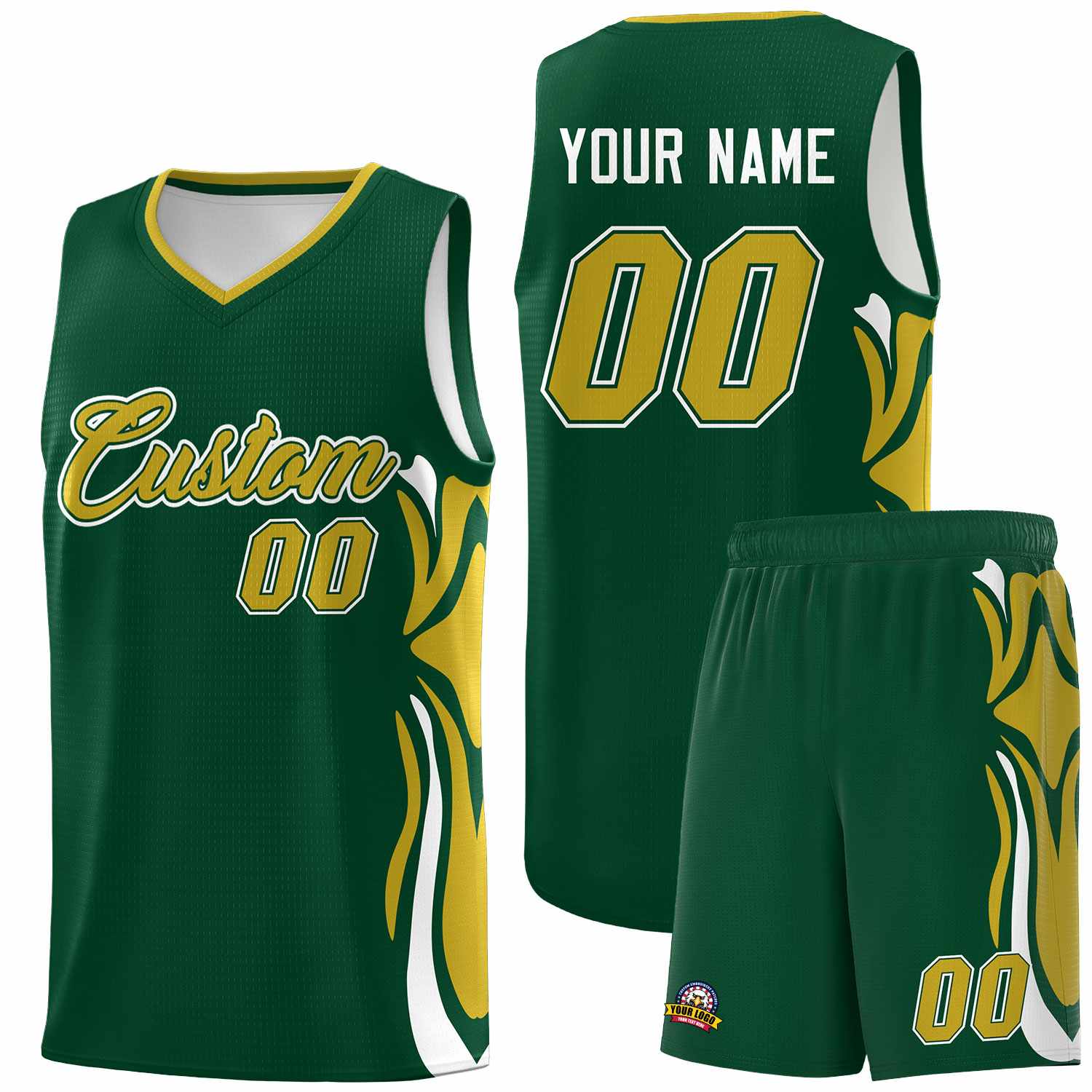 Custom Green Old Gold-White Graffiti Pattern Side Curve Pattern Sports Uniform Basketball Jersey Sets