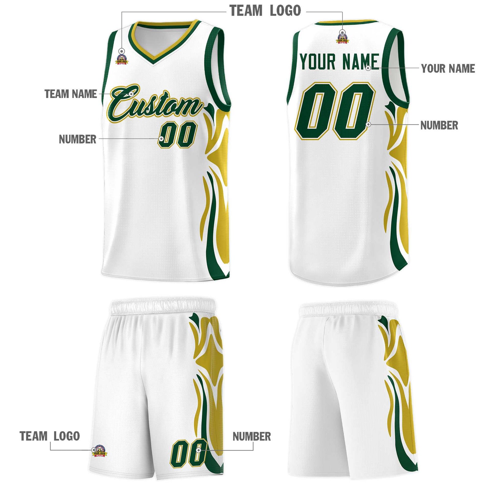 Custom White Green-Old Gold Graffiti Pattern Side Curve Pattern Sports Uniform Basketball Jersey Sets