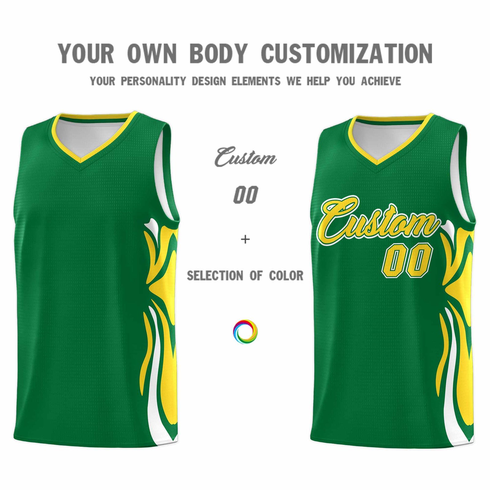 Custom Kelly Green Gold-White Graffiti Pattern Side Curve Pattern Sports Uniform Basketball Jersey Sets