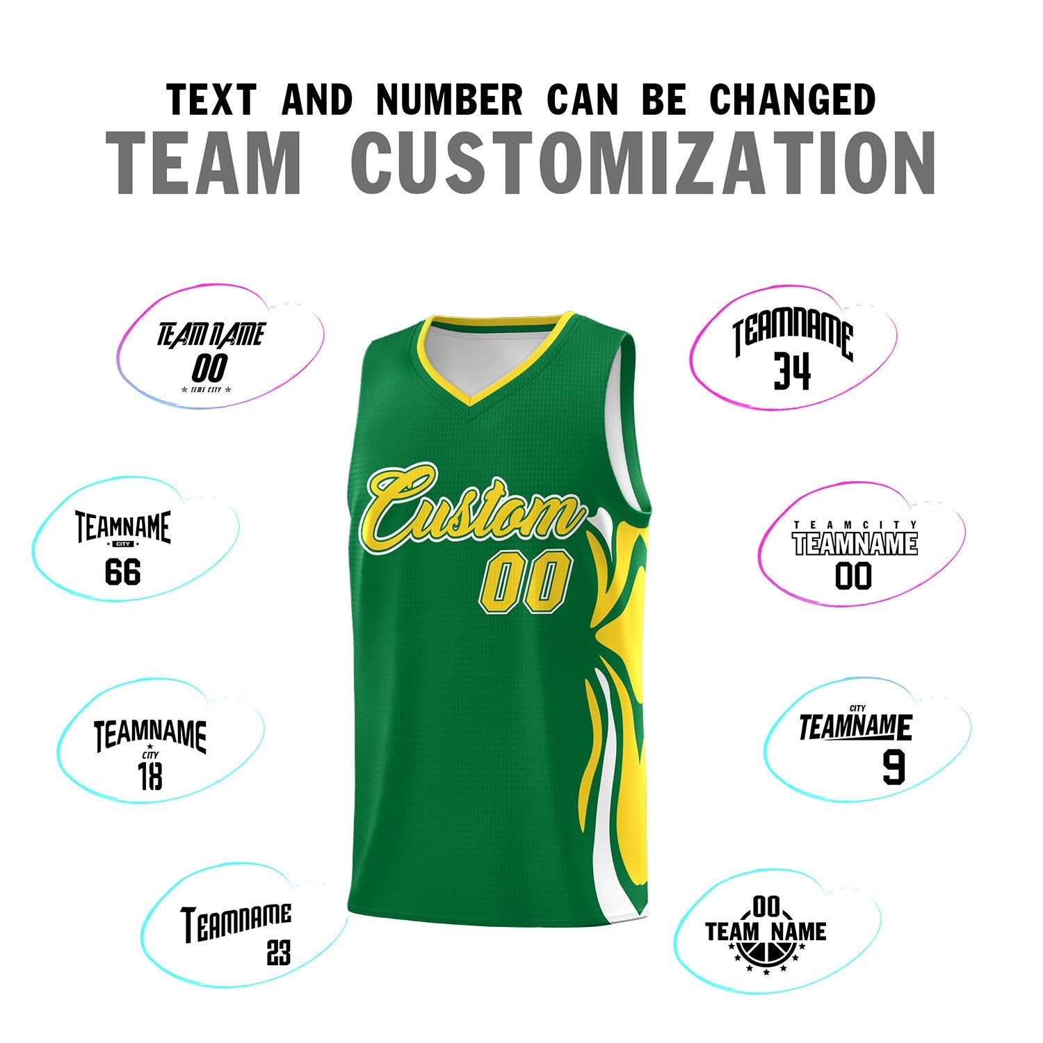 Custom Kelly Green Gold-White Graffiti Pattern Side Curve Pattern Sports Uniform Basketball Jersey Sets
