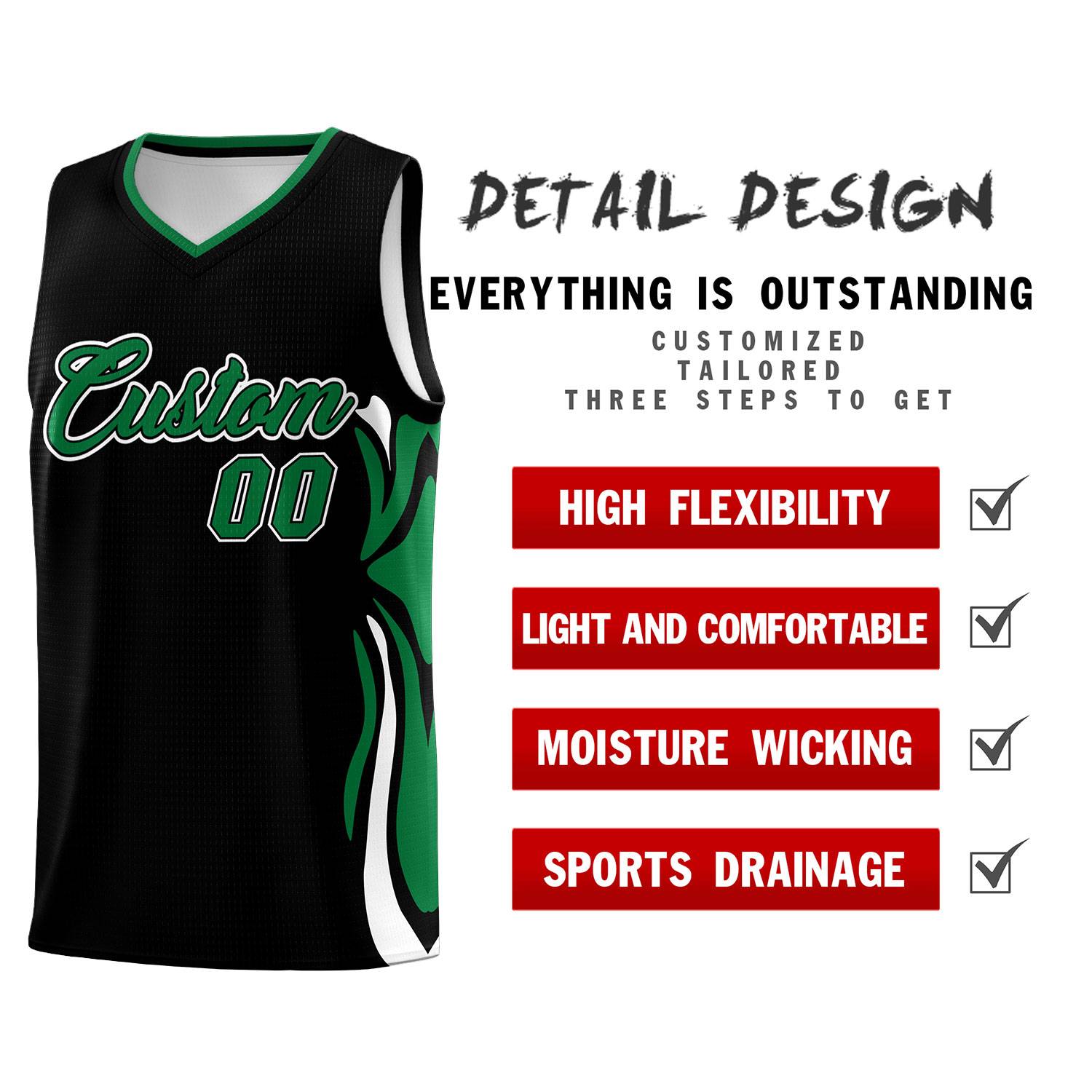 Custom Black Kelly Green-White Graffiti Pattern Side Curve Pattern Sports Uniform Basketball Jersey Sets