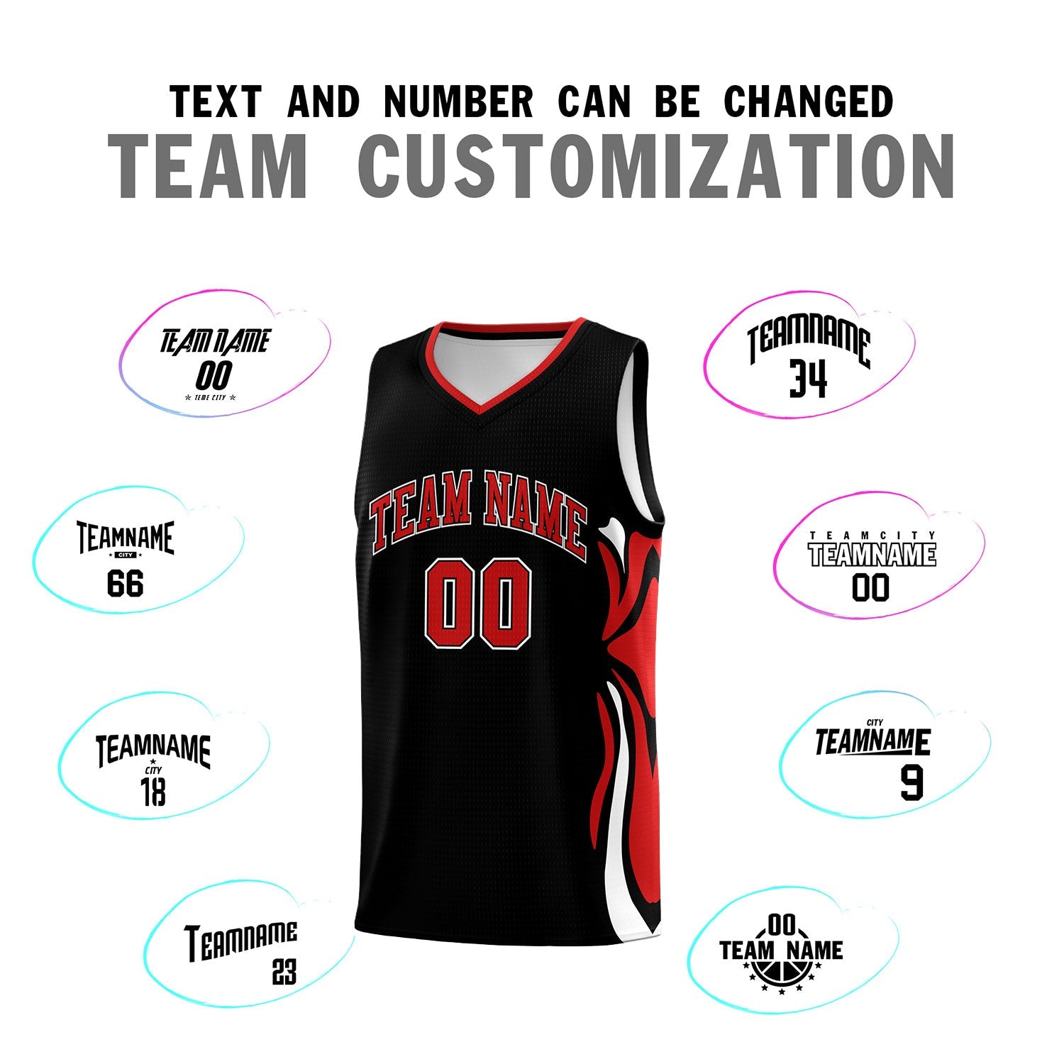 Custom Black Red-White Graffiti Pattern Side Curve Pattern Sports Uniform Basketball Jersey Sets