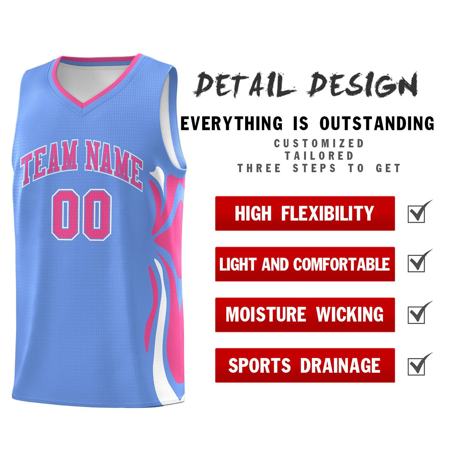 Custom Light Blue Pink-White Graffiti Pattern Side Curve Pattern Sports Uniform Basketball Jersey Sets