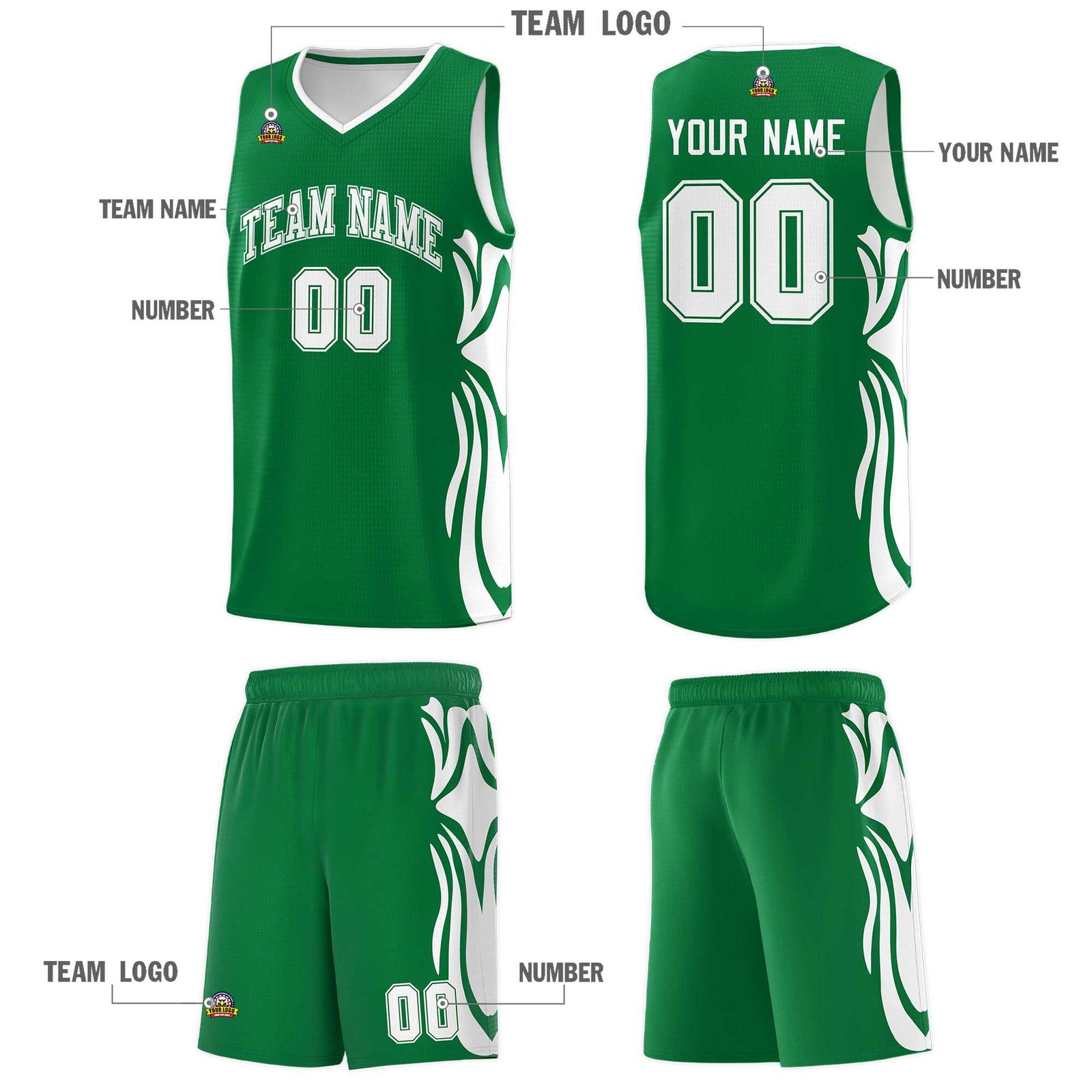 Custom Kelly Green White-White Graffiti Pattern Side Curve Pattern Sports Uniform Basketball Jersey Sets