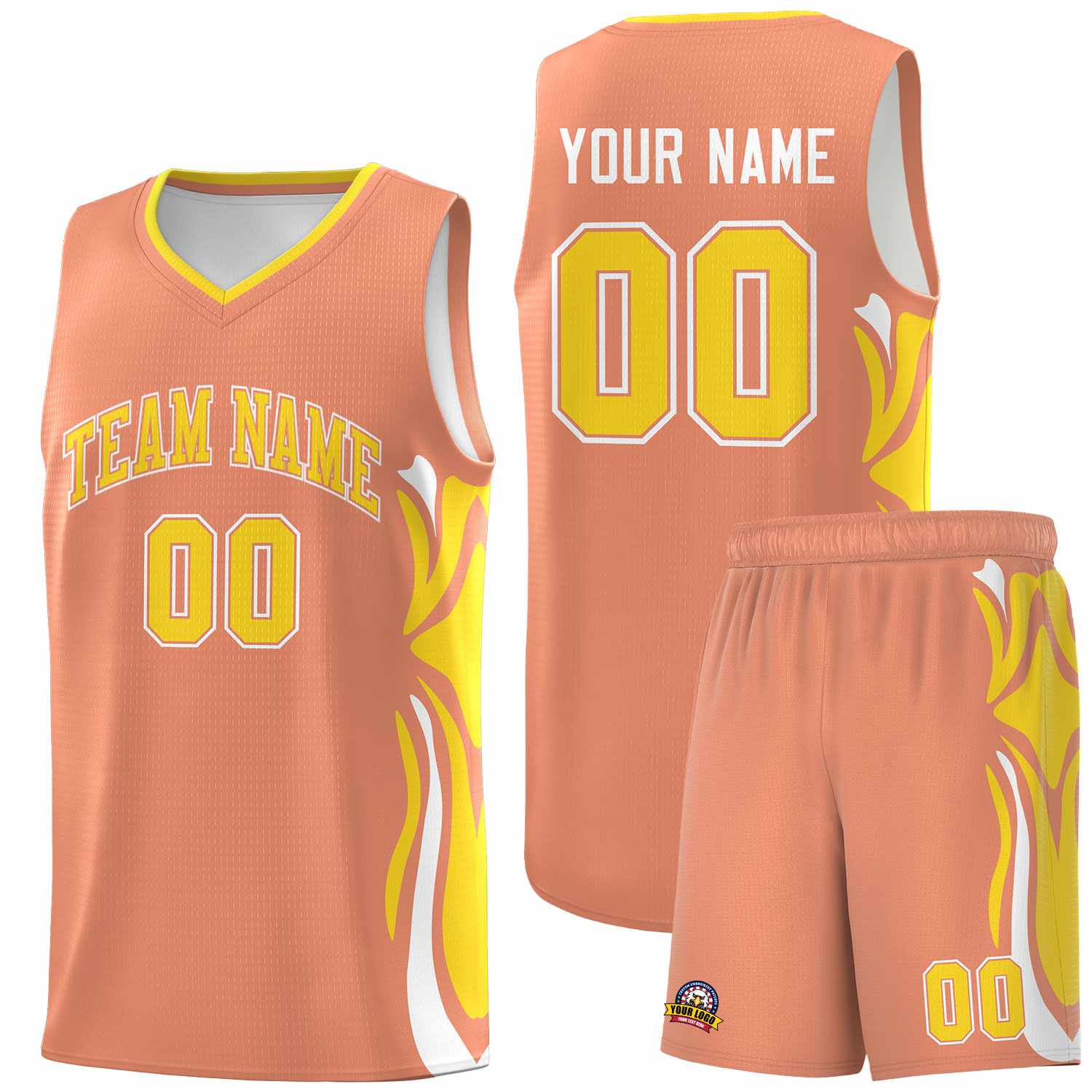 Custom Light Orange Gold-White Graffiti Pattern Side Curve Pattern Sports Uniform Basketball Jersey Sets