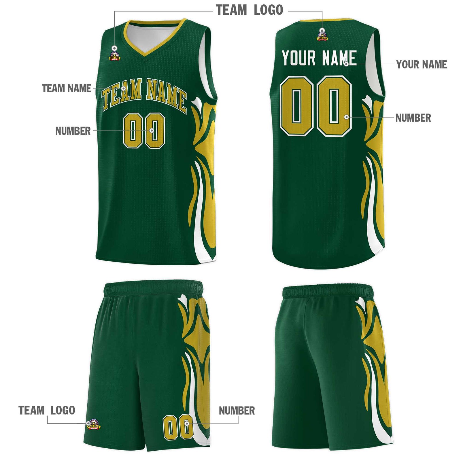 Custom Green Old Gold-White Graffiti Pattern Side Curve Pattern Sports Uniform Basketball Jersey Sets