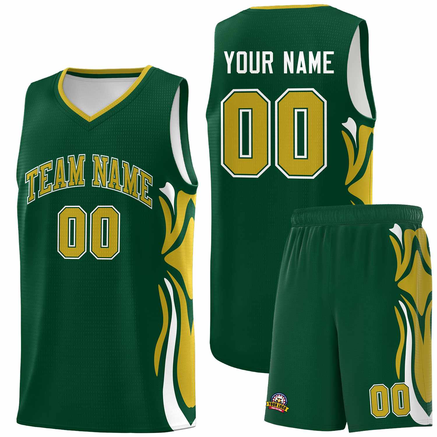 Custom Green Old Gold-White Graffiti Pattern Side Curve Pattern Sports Uniform Basketball Jersey Sets