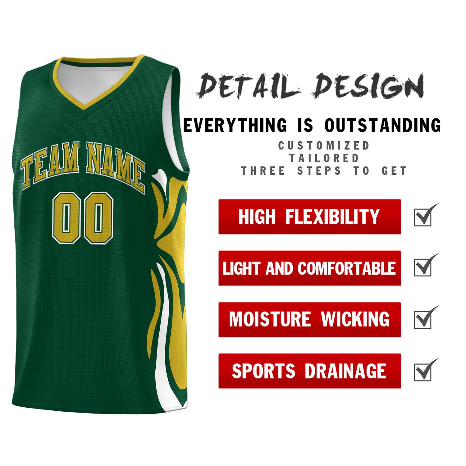 Custom Green Old Gold-White Graffiti Pattern Side Curve Pattern Sports Uniform Basketball Jersey Sets