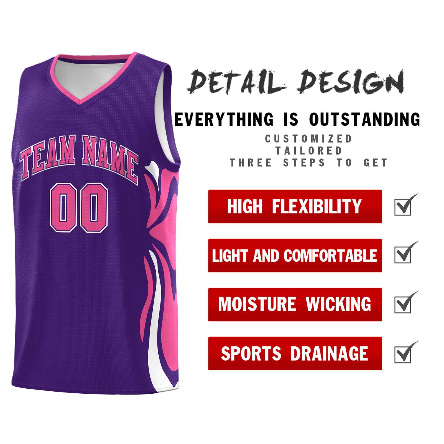 Custom Purple Pink-White Graffiti Pattern Side Curve Pattern Sports Uniform Basketball Jersey Sets