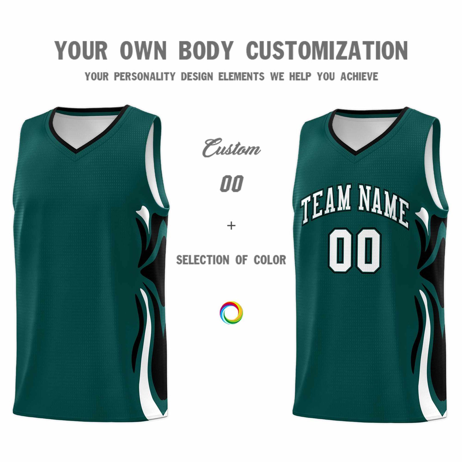 Custom Midnight Green White-Black Graffiti Pattern Side Curve Pattern Sports Uniform Basketball Jersey Sets