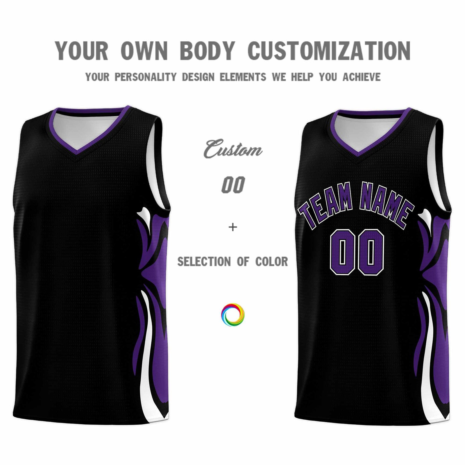 Custom Black Purple-White Graffiti Pattern Side Curve Pattern Sports Uniform Basketball Jersey Sets