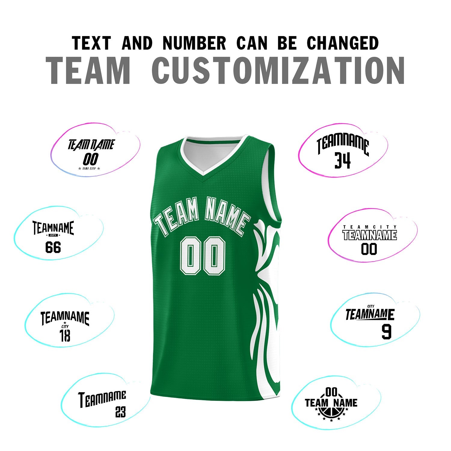 Custom Kelly Green White-White Graffiti Pattern Side Curve Pattern Sports Uniform Basketball Jersey Sets