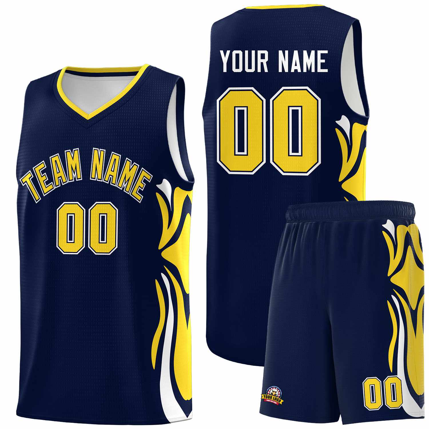 Custom Navy Gold-White Graffiti Pattern Side Curve Pattern Sports Uniform Basketball Jersey Sets