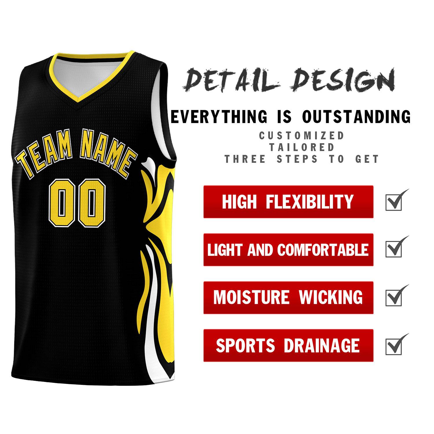 Custom Black Gold-White Graffiti Pattern Side Curve Pattern Sports Uniform Basketball Jersey Sets