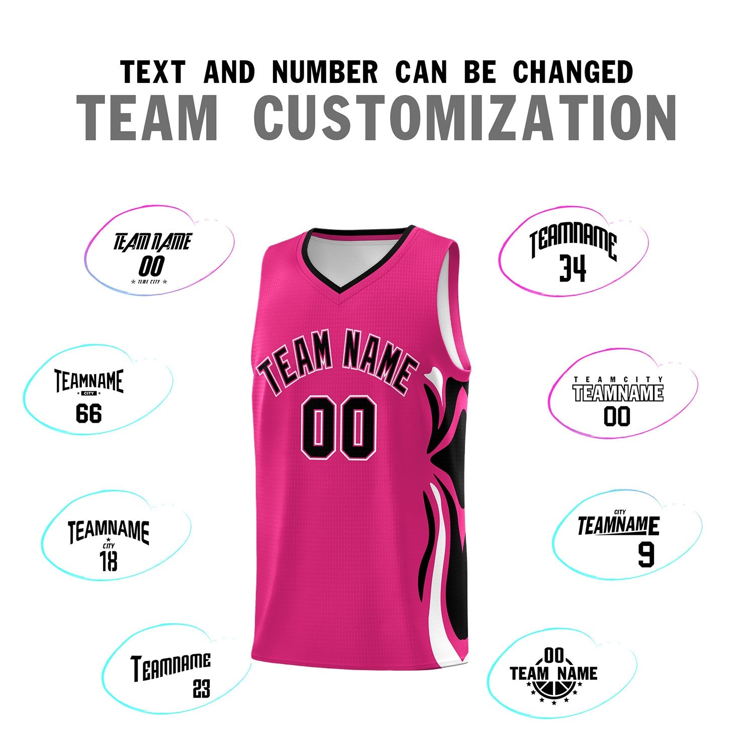 Custom Pink Black-White Graffiti Pattern Side Curve Pattern Sports Uniform Basketball Jersey Sets
