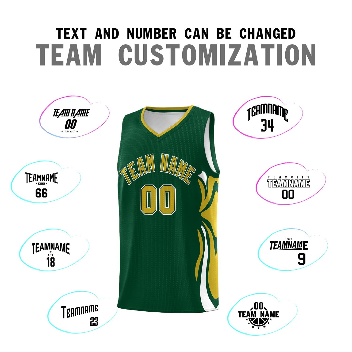 Custom Green Old Gold-White Graffiti Pattern Side Curve Pattern Sports Uniform Basketball Jersey Sets