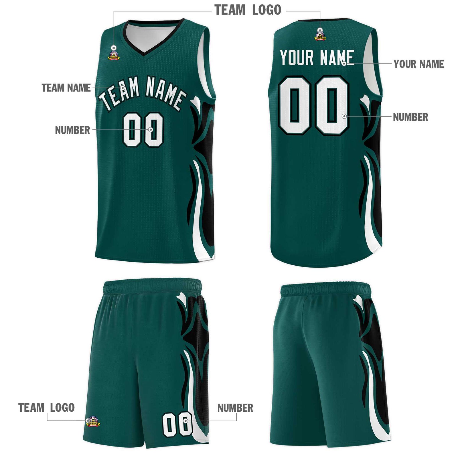 Custom Midnight Green White-Black Graffiti Pattern Side Curve Pattern Sports Uniform Basketball Jersey Sets