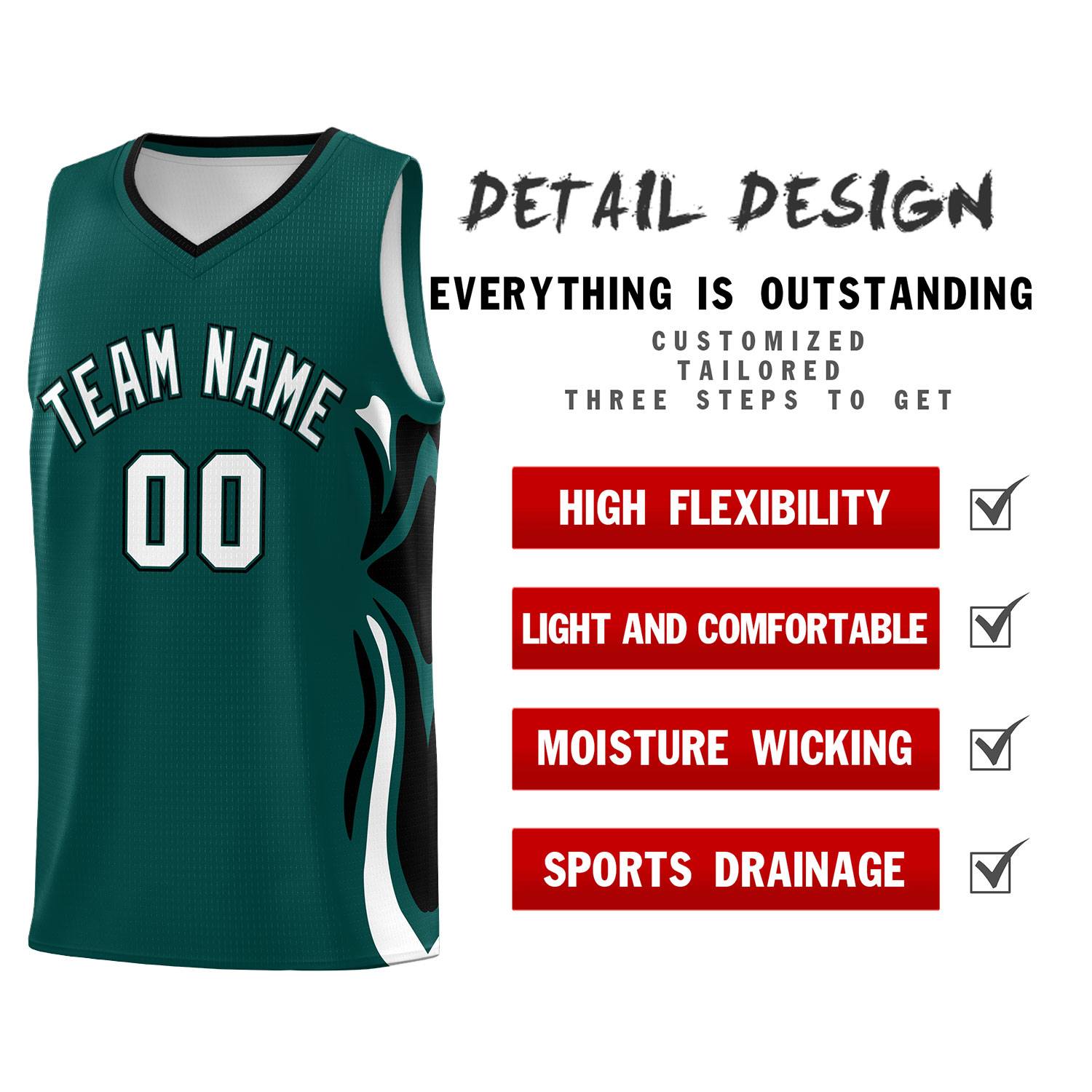 Custom Midnight Green White-Black Graffiti Pattern Side Curve Pattern Sports Uniform Basketball Jersey Sets