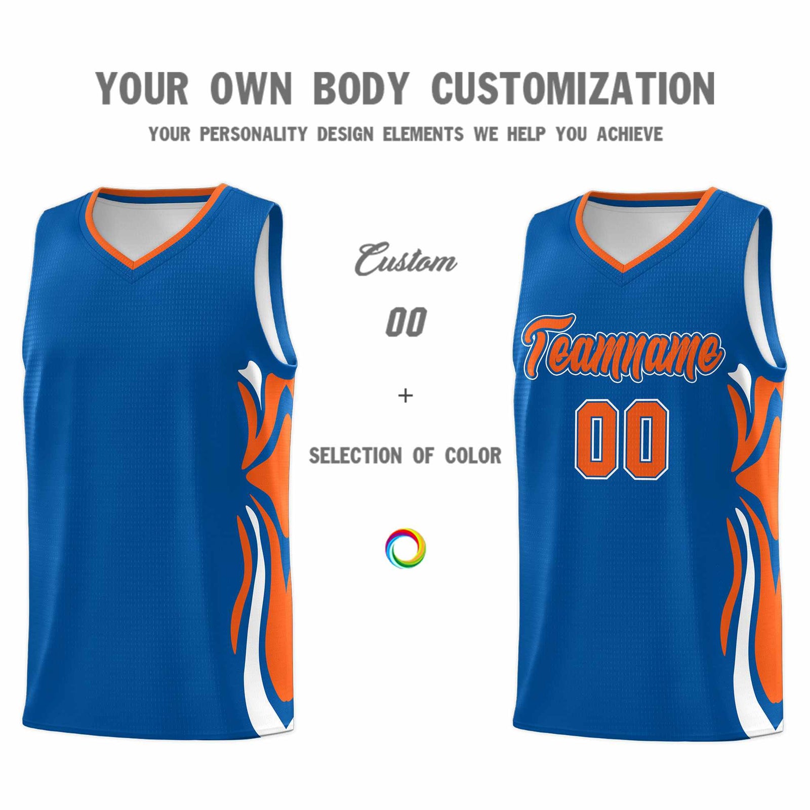 Custom Royal Orange-White Graffiti Pattern Side Curve Pattern Sports Uniform Basketball Jersey Sets