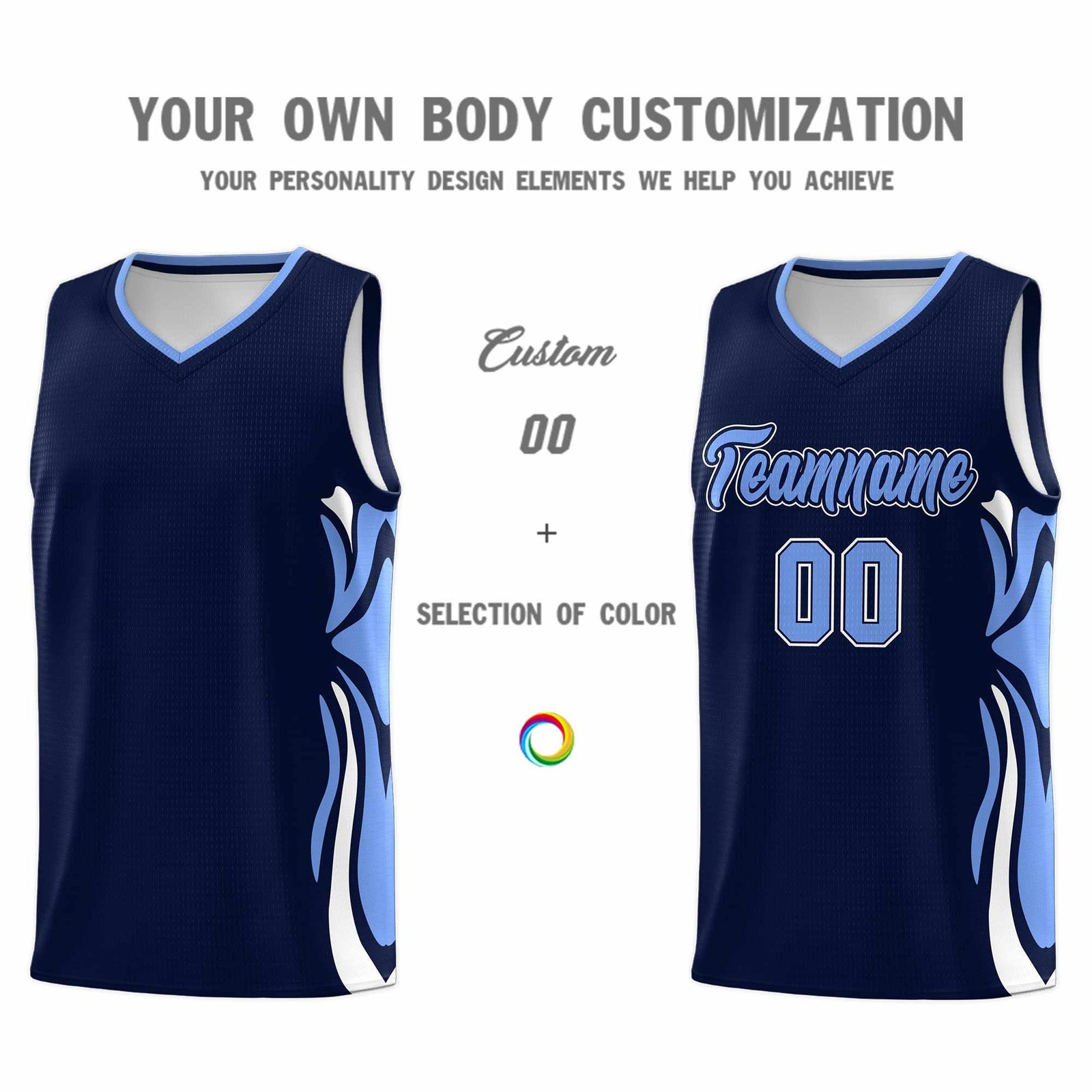 Custom Navy Light Blue-White Graffiti Pattern Side Curve Pattern Sports Uniform Basketball Jersey Sets