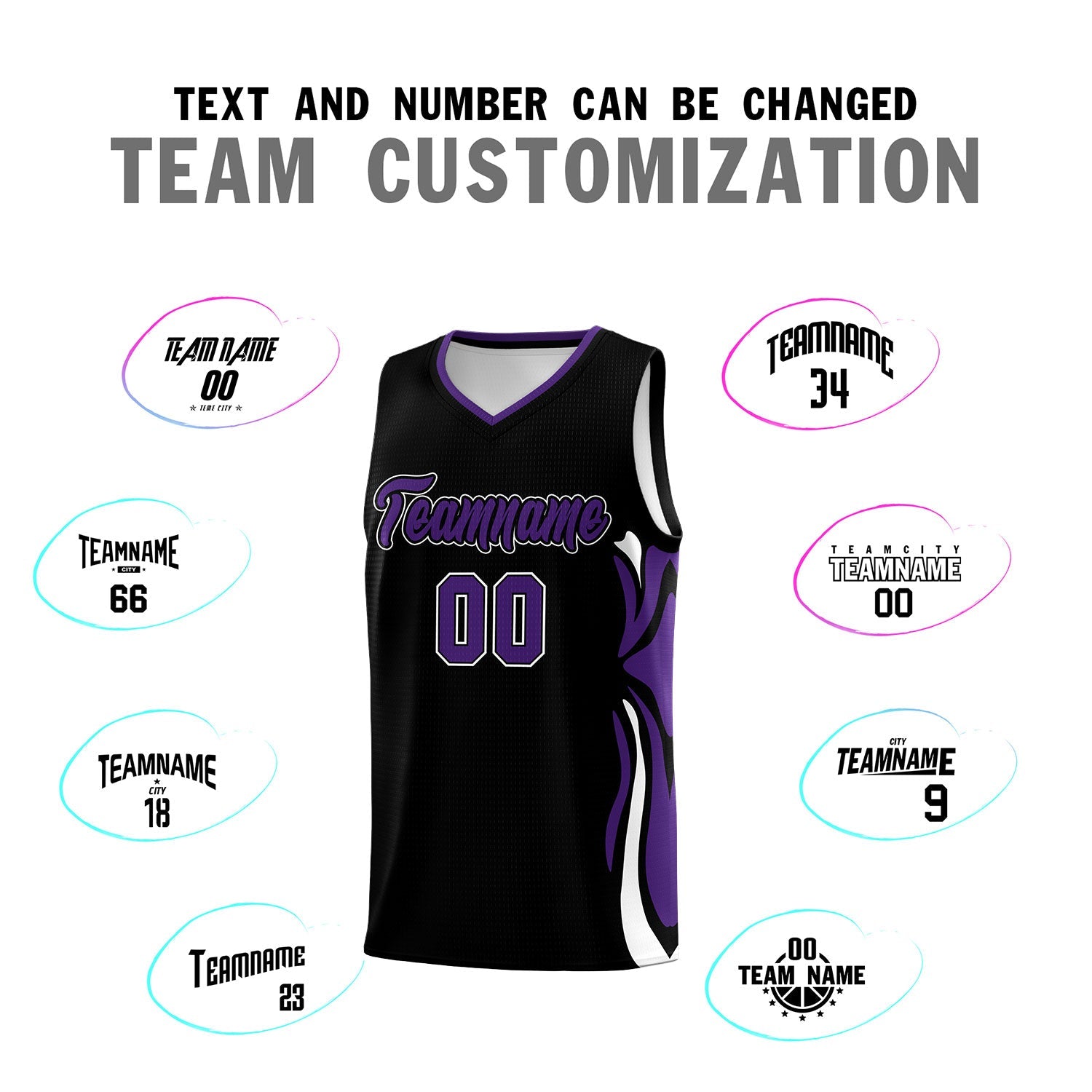 Custom Black Purple-White Graffiti Pattern Side Curve Pattern Sports Uniform Basketball Jersey Sets