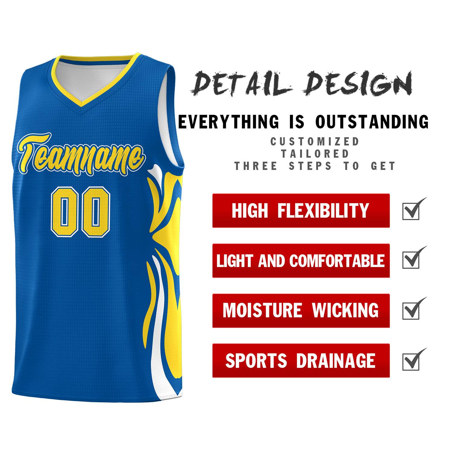 Custom Royal Gold-White Graffiti Pattern Side Curve Pattern Sports Uniform Basketball Jersey Sets