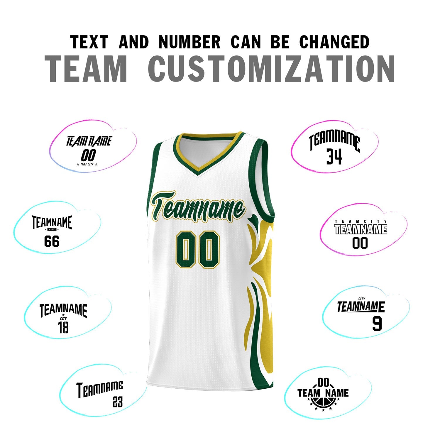 Custom White Green-Old Gold Graffiti Pattern Side Curve Pattern Sports Uniform Basketball Jersey Sets