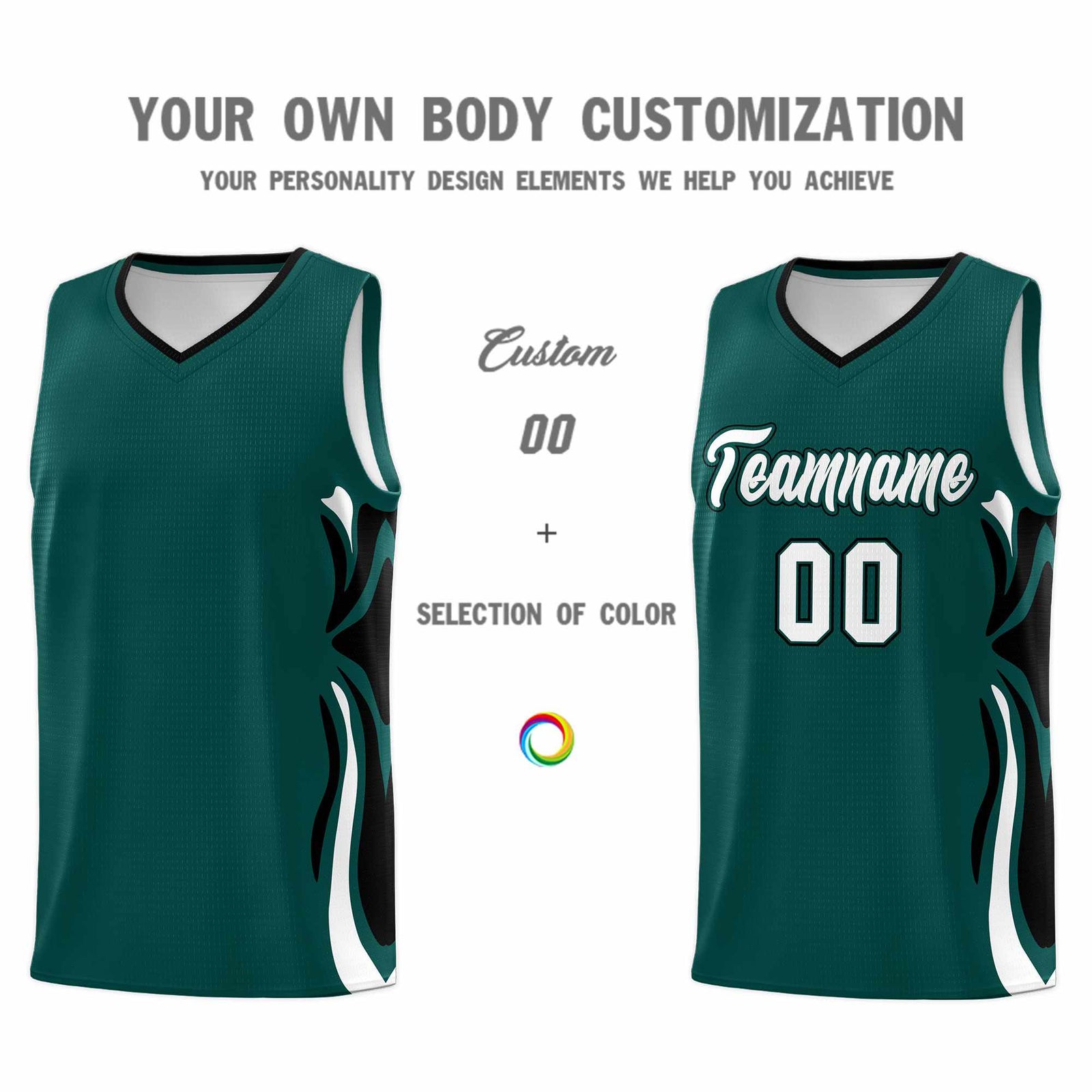 Custom Midnight Green White-Black Graffiti Pattern Side Curve Pattern Sports Uniform Basketball Jersey Sets