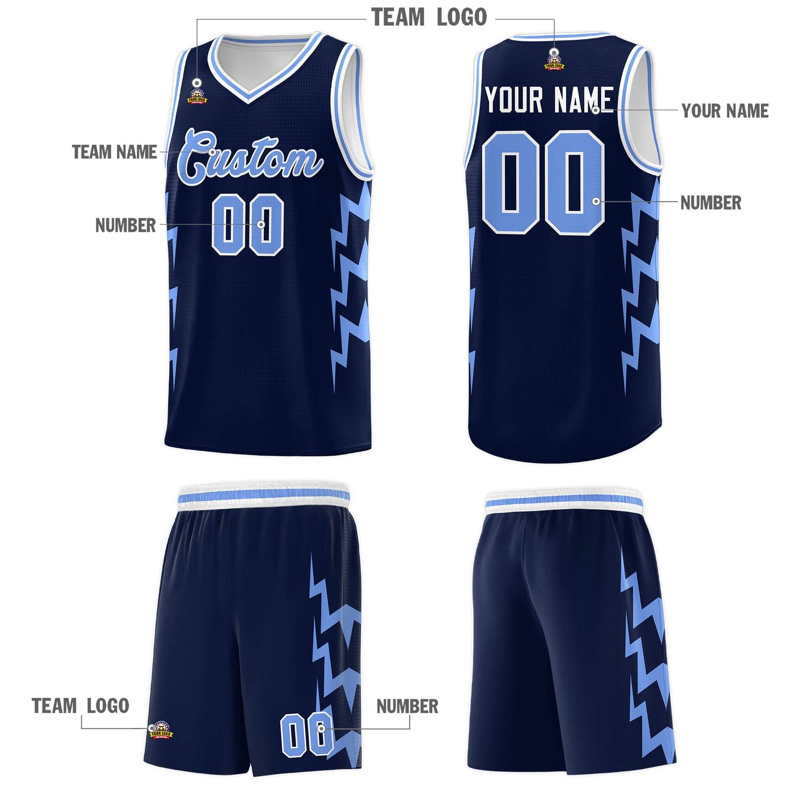Custom Navy Side Lightning Pattern Sports Uniform Basketball Jersey