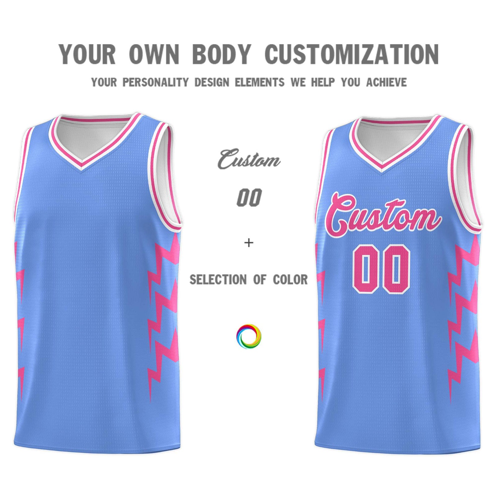 Custom Light Blue Side Lightning Pattern Sports Uniform Basketball Jersey