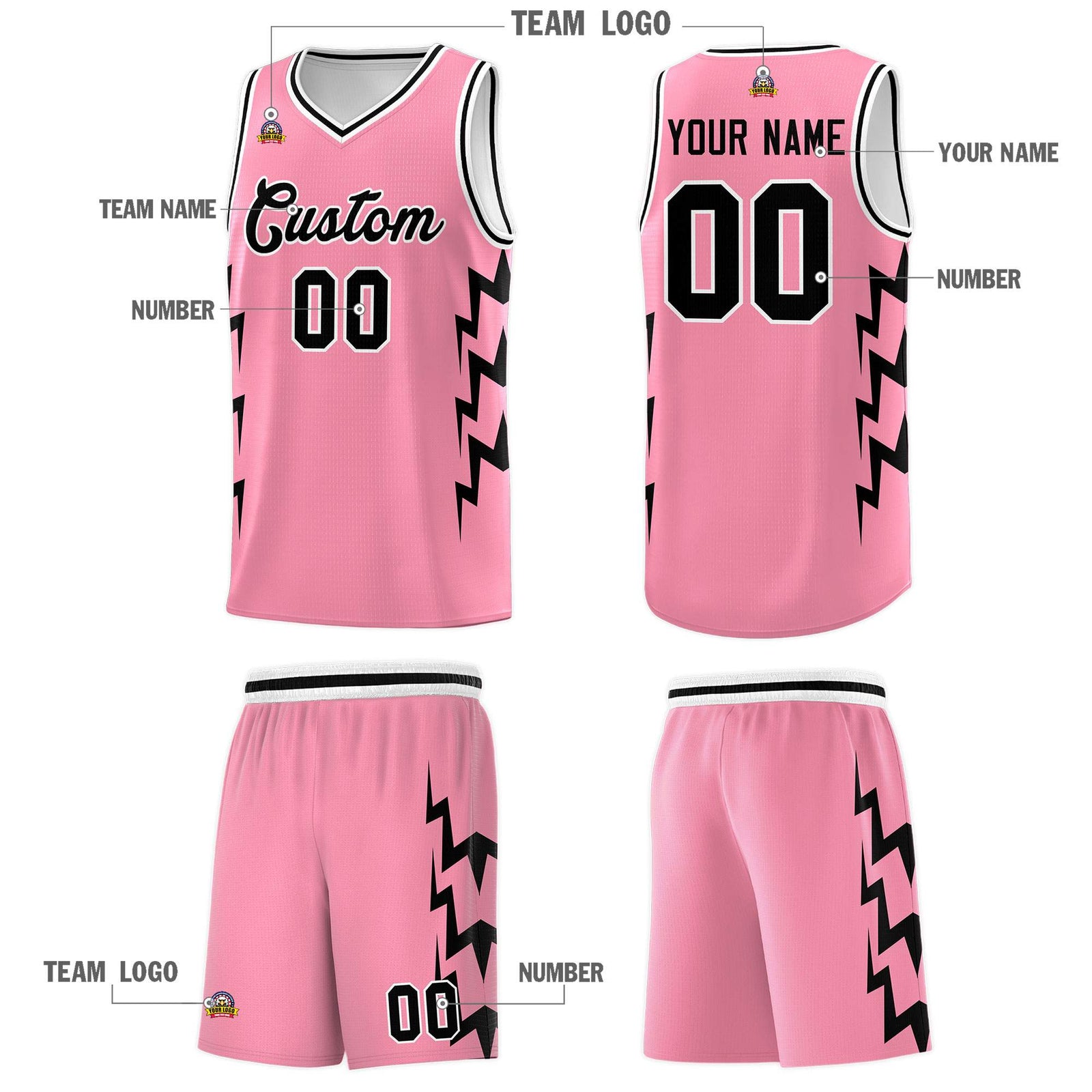 Custom Light Pink Side Lightning Pattern Sports Uniform Basketball Jersey