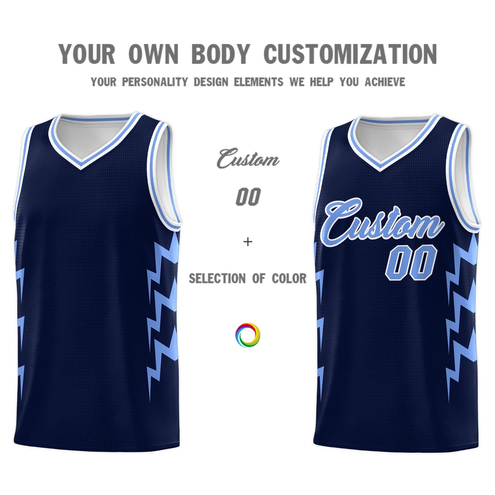 Custom Navy Side Lightning Pattern Sports Uniform Basketball Jersey